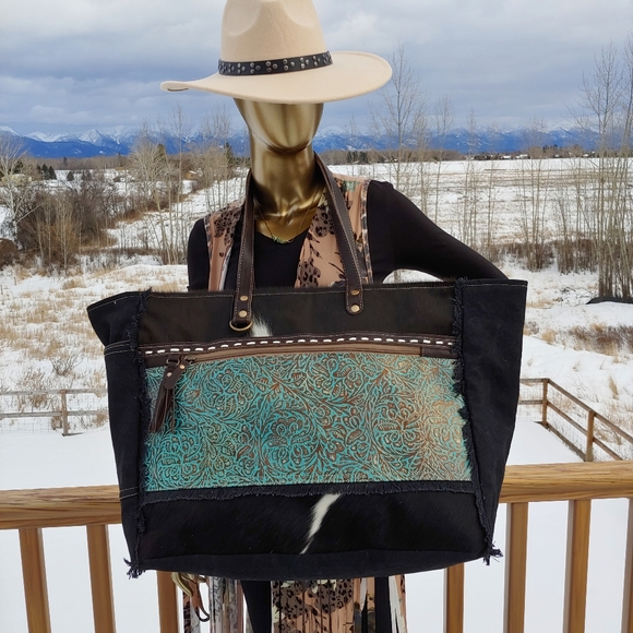 😍New Style Myra Bag Cowhide Canvas Leather Weekender Travel XL extra lar - Picture 3 of 11